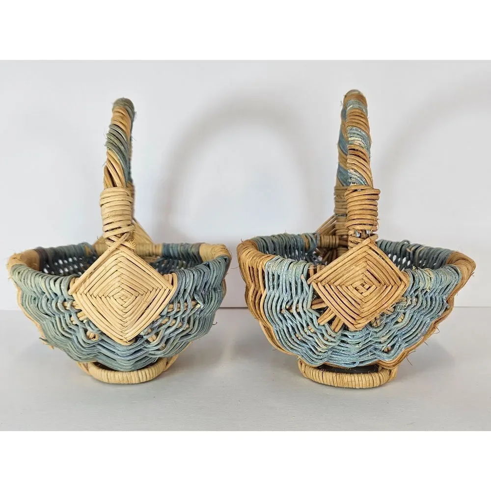 Vintage Small Mini Wicker Baskets Blue Natural Gods Eye Decorative Set‎ of 2